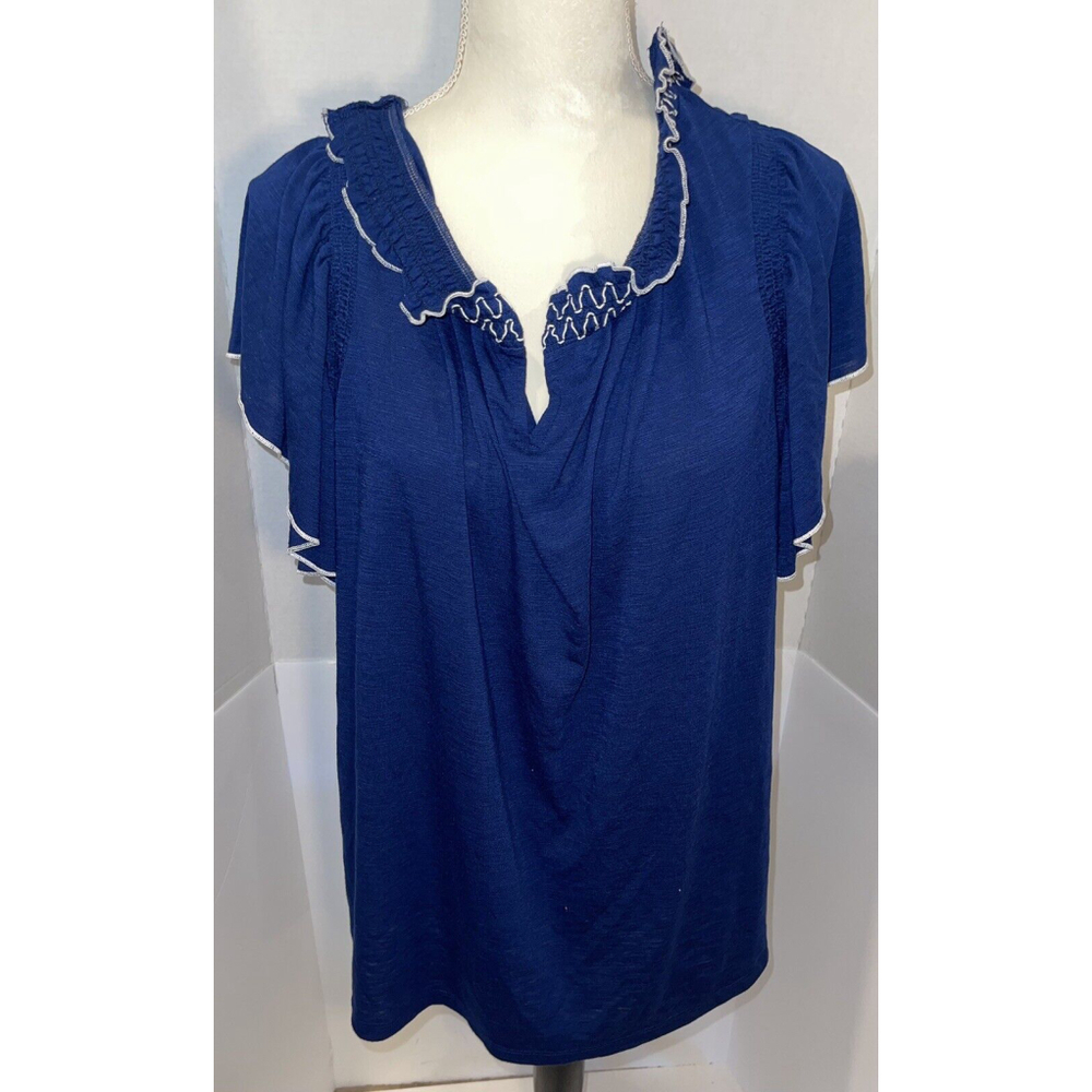 Women’s St John’s Bay V Neck Ruffled Short Sleeve Shirt - Blue - Size 1X